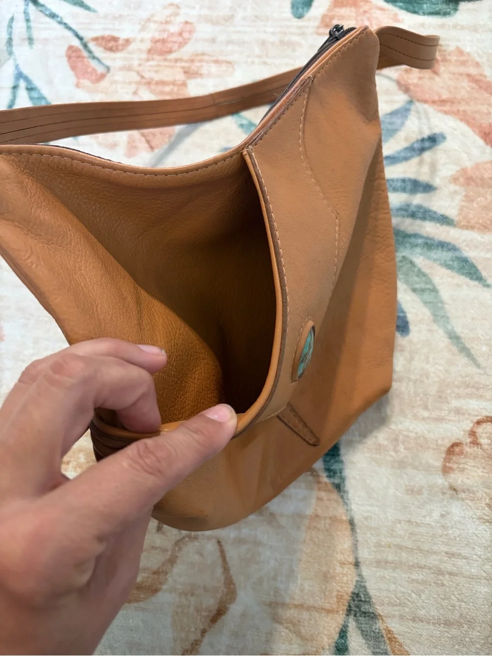 Handmade Tan Leather Big Pocket Bag with Turquoise Touchstone